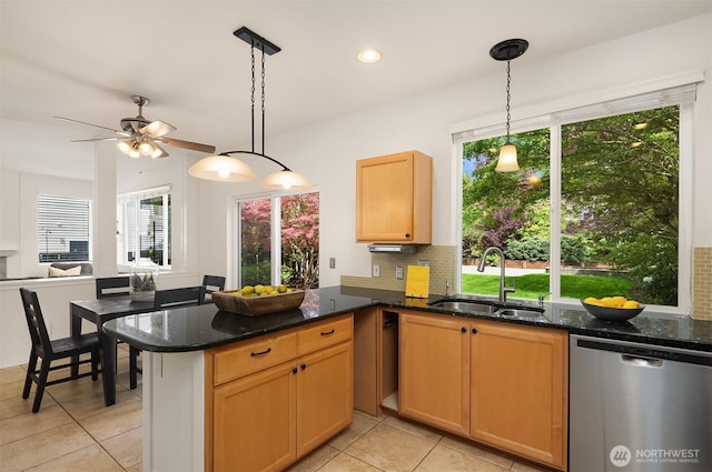 24521 SE 275th St, Maple Valley, WA 98038 - kitchen featuring dishwasher, a sink, light tile patterned floors, tasteful backsplash, and recessed lighting