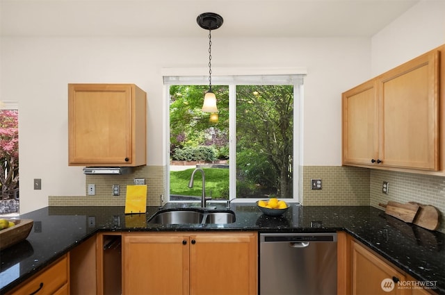 24521 SE 275th St, Maple Valley, WA 98038 - kitchen featuring dishwasher, a sink, tasteful backsplash, decorative light fixtures, and dark stone countertops