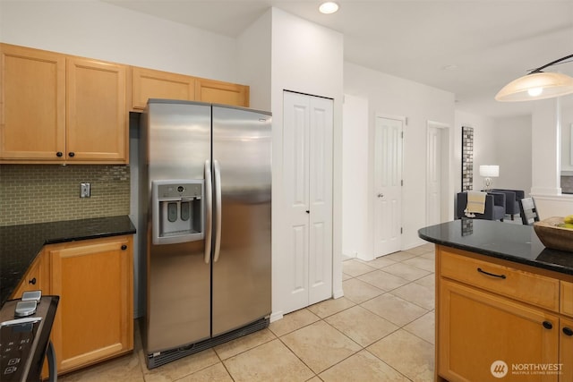 24521 SE 275th St, Maple Valley, WA 98038 - kitchen featuring stainless steel refrigerator with ice dispenser, light tile patterned floors, backsplash, recessed lighting, and open floor plan