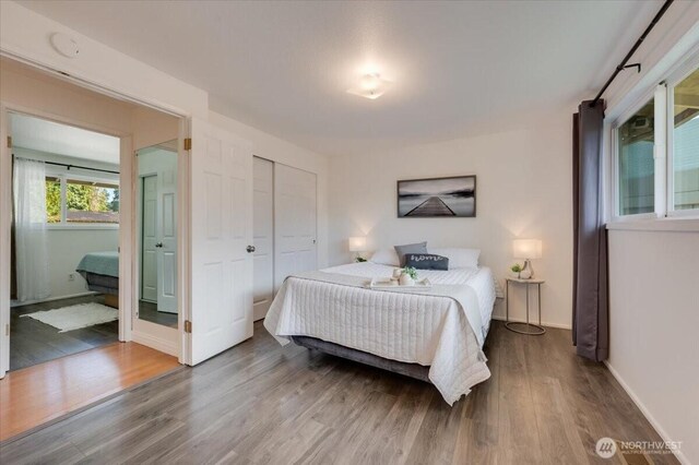 bedroom featuring wood finished floors, a closet, and baseboards