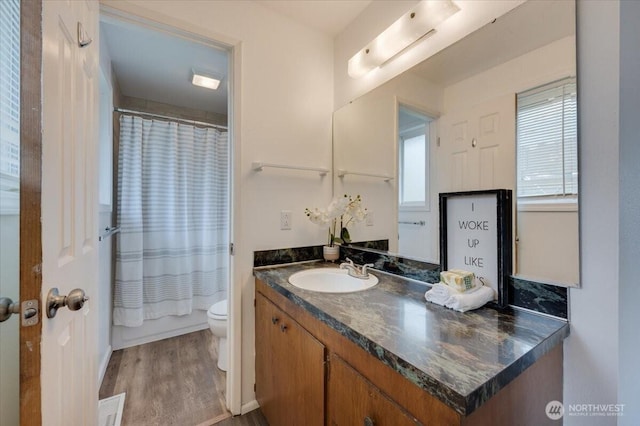 full bath with toilet, vanity, and wood finished floors