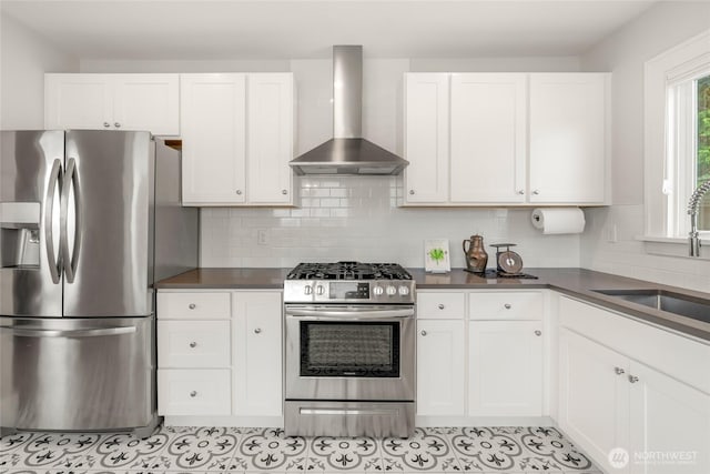 3202 NW 70th St, Seattle, WA 98117 - kitchen with appliances with stainless steel finishes, wall chimney range hood, a sink, and white cabinetry