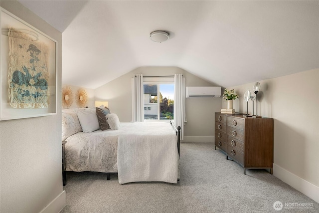 3202 NW 70th St, Seattle, WA 98117 - carpeted bedroom with an AC wall unit, vaulted ceiling, and baseboards