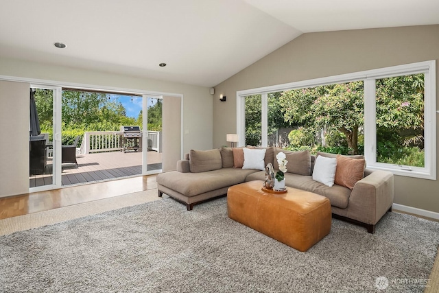 living room featuring vaulted ceiling