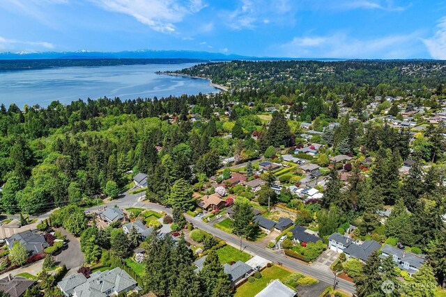 aerial perspective of suburban area with a nearby body of water and a heavily wooded area