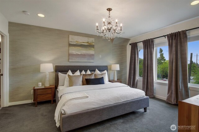 bedroom with baseboards, carpet flooring, a chandelier, and recessed lighting