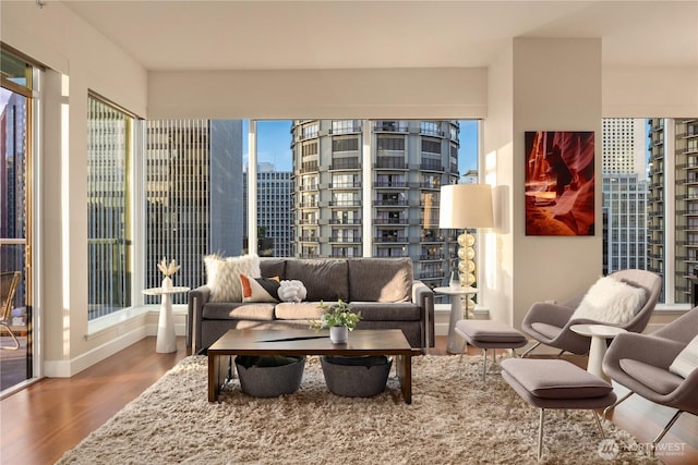 living room with wood finished floors, a city view, and baseboards