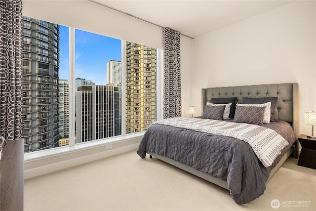 carpeted bedroom featuring a view of city