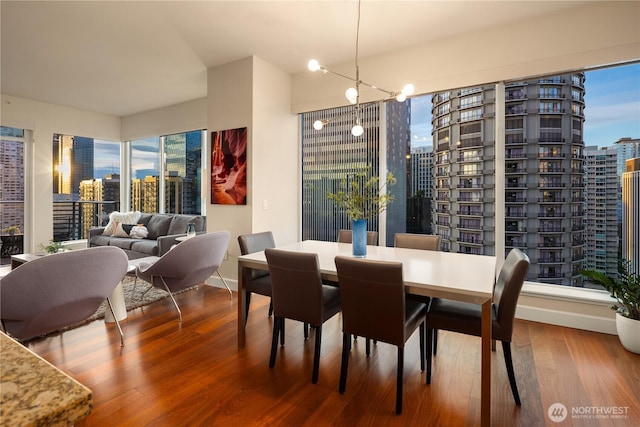dining room featuring a city view, wood finished floors, and baseboards