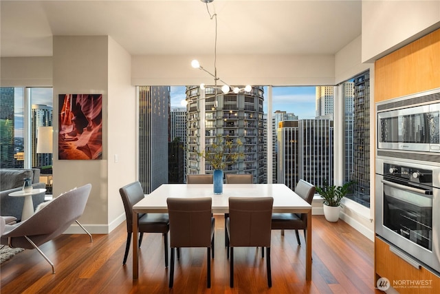 dining room with baseboards, wood finished floors, a view of city, and a chandelier