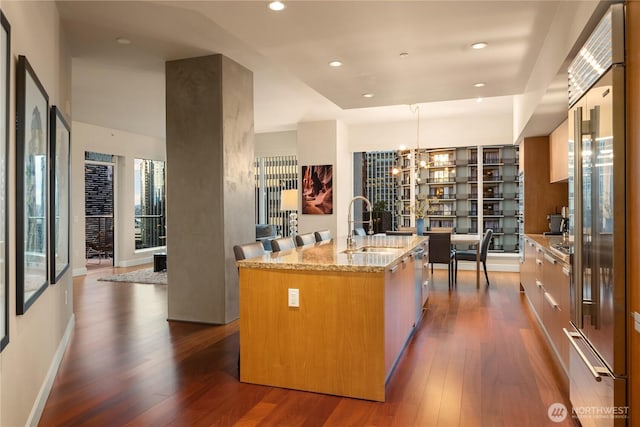 kitchen with stainless steel appliances, light stone countertops, dark wood finished floors, a sink, and recessed lighting