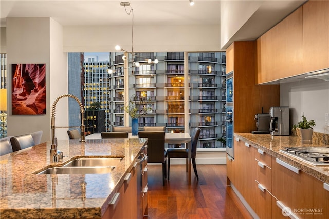 kitchen with a sink, appliances with stainless steel finishes, dark wood finished floors, and brown cabinets
