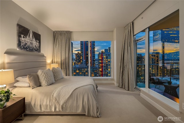 bedroom featuring a view of city, carpet floors, and access to exterior
