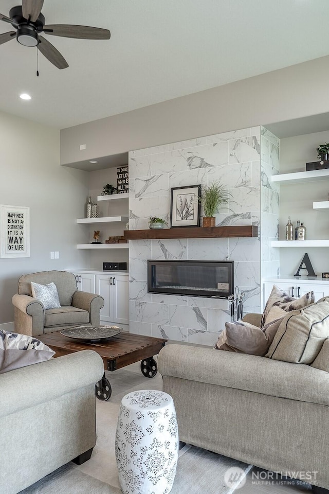 1196 8th Ave NE, Ephrata, WA 98823 - living area with a fireplace and ceiling fan