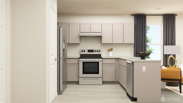 19533 141st Avenue Ct E, Graham, WA 98338 - kitchen featuring appliances with stainless steel finishes, under cabinet range hood, light wood-style floors, a peninsula, and gray cabinets