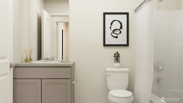 19533 141st Avenue Ct E, Graham, WA 98338 - bathroom featuring toilet, vanity, and shower / tub combo with curtain