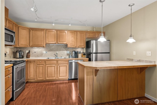 13405 97th Ave E Unit 107, Puyallup, WA 98373 - kitchen featuring stainless steel appliances, a sink, a peninsula, and dark wood finished floors
