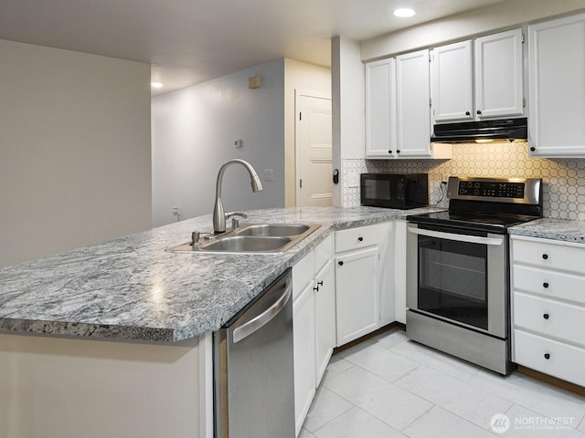 1307 SW 355th Pl, Federal Way, WA 98023 - kitchen featuring under cabinet range hood, stainless steel appliances, a sink, a peninsula, and backsplash
