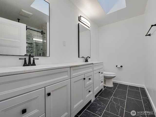 1307 SW 355th Pl, Federal Way, WA 98023 - full bath featuring marble look tiles, a marble finish shower, baseboards, double vanity, and toilet
