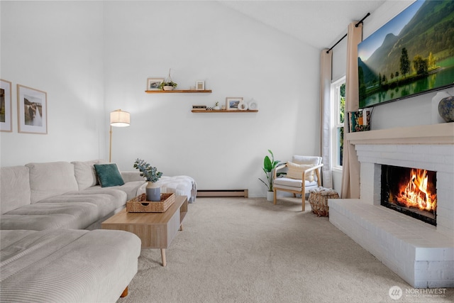 carpeted living area featuring baseboard heating, a fireplace, and vaulted ceiling