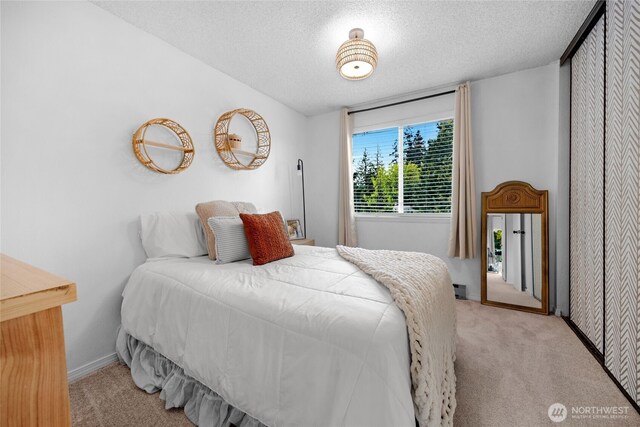 bedroom featuring carpet flooring, a textured ceiling, and baseboards