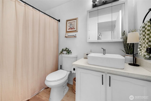full bath featuring vanity, wood finished floors, and toilet