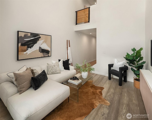 living area featuring wood finished floors, baseboards, and a high ceiling