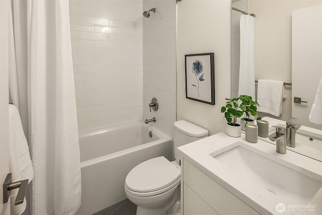 bathroom featuring toilet, shower / bathtub combination with curtain, and vanity