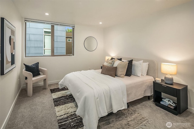 carpeted bedroom with baseboards and recessed lighting