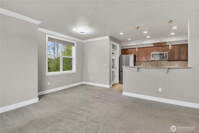 15408 Main St Unit 401, Mill Creek, WA 98012 - unfurnished living room featuring crown molding, baseboards, light carpet, and recessed lighting