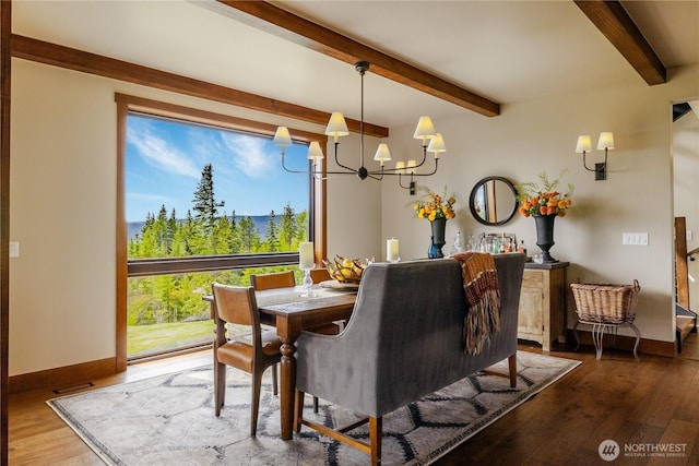 40 Eagle Ridge Dr, Cle Elum, WA 98922 - dining area with beamed ceiling, a chandelier, wood finished floors, and baseboards