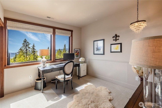 40 Eagle Ridge Dr, Cle Elum, WA 98922 - office area with a wainscoted wall, carpet flooring, and a chandelier