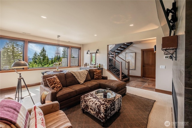40 Eagle Ridge Dr, Cle Elum, WA 98922 - living area with stairway, baseboards, recessed lighting, and stone finish floors