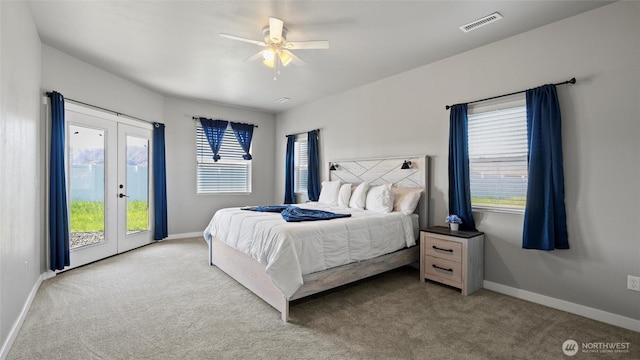 207 Clayton Pl, Mattawa, WA 99349 - carpeted bedroom featuring french doors, access to exterior, baseboards, and ceiling fan