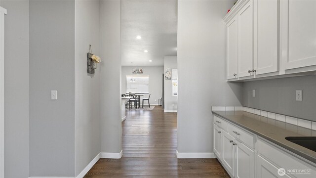 207 Clayton Pl, Mattawa, WA 99349 - hall with baseboards, dark wood finished floors, and recessed lighting