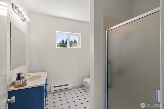 506 G St, Cosmopolis, WA 98537 - full bathroom featuring a baseboard heating unit, vanity, a stall shower, toilet, and tile patterned floors