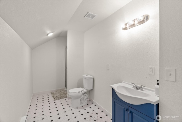 506 G St, Cosmopolis, WA 98537 - full bath featuring tile patterned floors, vaulted ceiling, toilet, vanity, and a stall shower