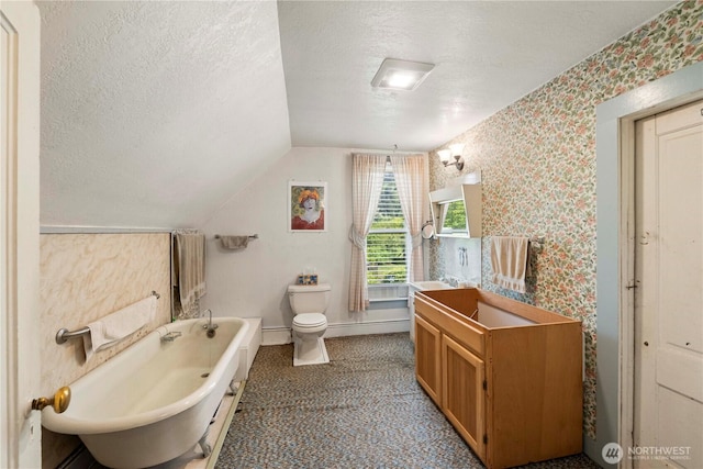 bathroom with a tub, a textured ceiling, vaulted ceiling, toilet, and vanity