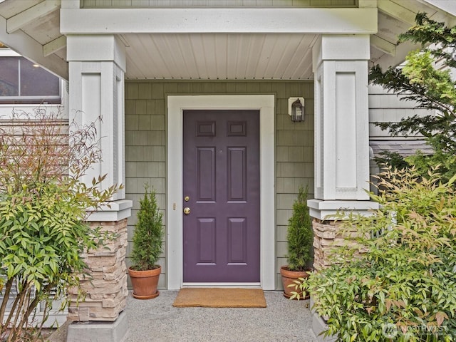 entrance to property with stone siding