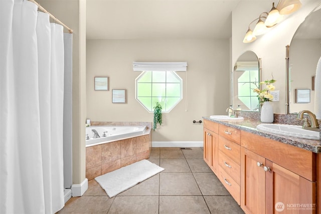 2225 Old Lakeway Dr, Bellingham, WA 98229 - full bathroom featuring tile patterned flooring, a bath, double vanity, a shower with shower curtain, and baseboards