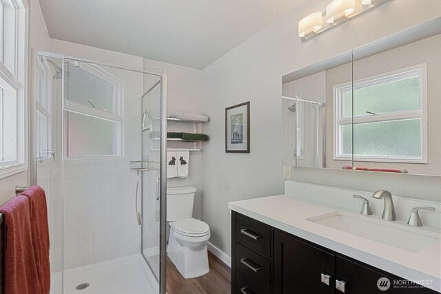 full bathroom with a stall shower, toilet, vanity, and wood finished floors