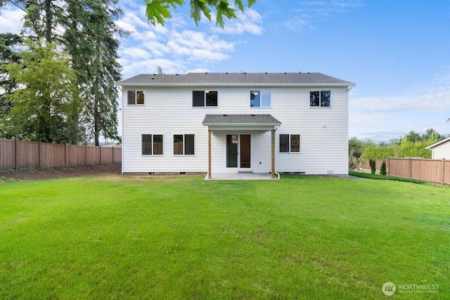 7332 284th St NW, Stanwood, WA 98292 - rear view of house with a fenced backyard, a patio, and crawl space