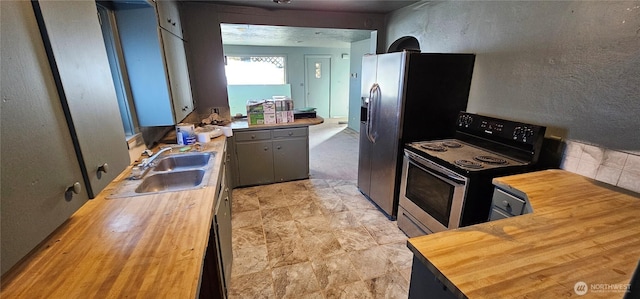 202 W 2nd Ave, Odessa, WA 99159 - kitchen with stainless steel range with electric stovetop, butcher block countertops, a sink, and gray cabinets