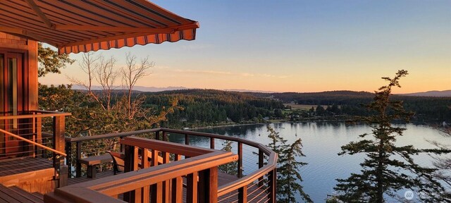 dock area with a water and mountain view and a view of trees