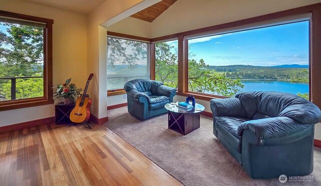 living area with vaulted ceiling, wood finished floors, plenty of natural light, baseboards, and a water view