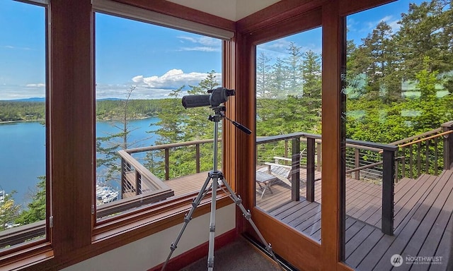 sunroom featuring a water view