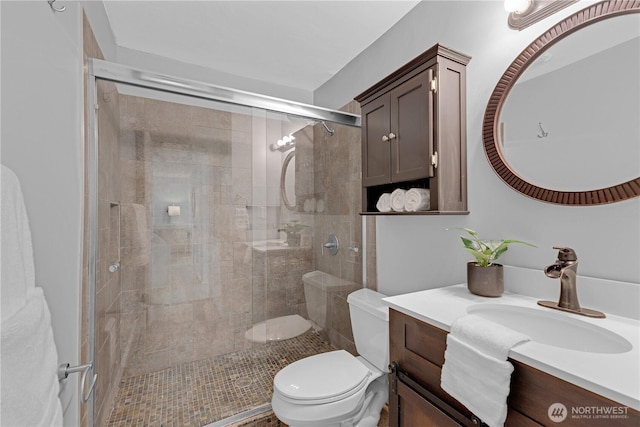 bathroom with toilet, vanity, and a stall shower