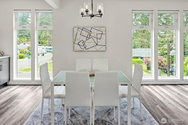 dining area featuring a chandelier and wood finished floors