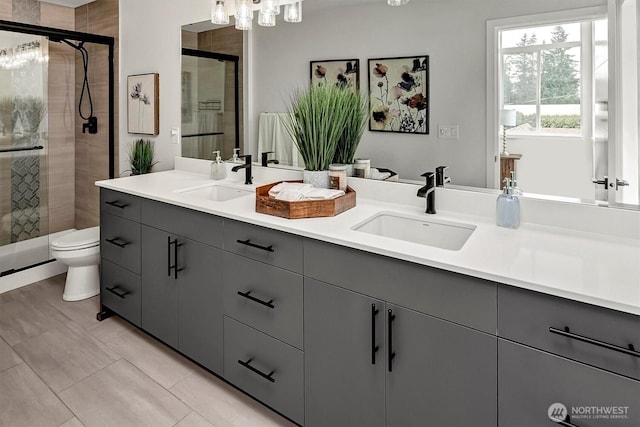 bathroom with double vanity, a stall shower, and toilet
