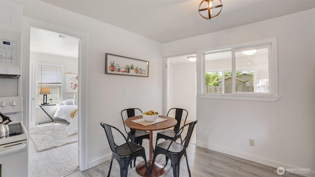 dining room featuring healthy amount of natural light, baseboards, and light wood-type flooring